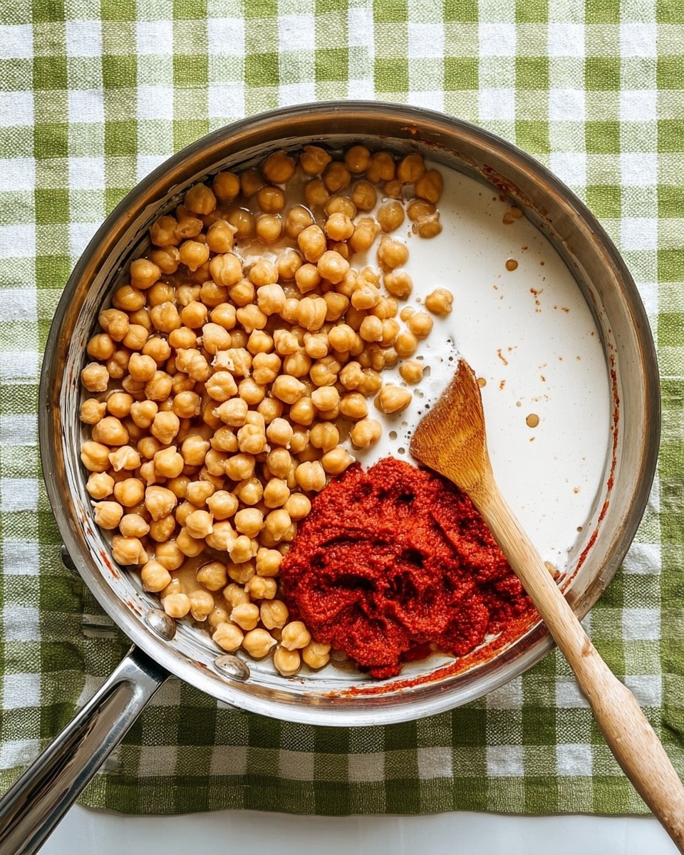 A large silver pan holds a mix of ingredients arranged in three sections on a green and white checked cloth. The biggest section is filled with light brown chickpeas piled high with a smooth texture. Next to it, there is a white creamy liquid base that softly fills the bottom of the pan. Lastly, a thick bright red paste, with a wooden spoon resting in it, sits on the right side. The pan's metal handle extends to the left. photo taken with an iphone --ar 4:5 --v 7