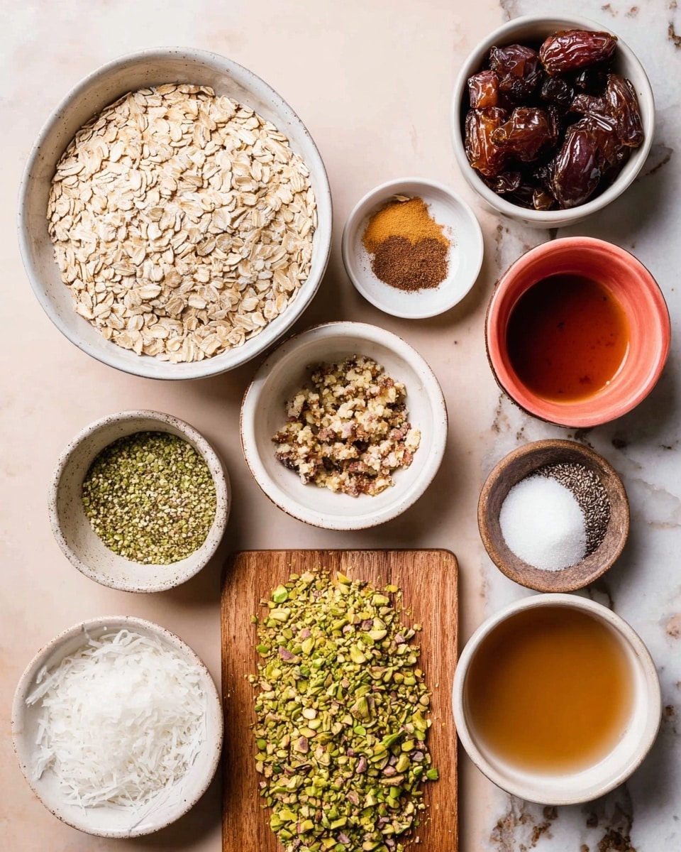 The image shows various ingredients arranged on a white marbled surface. There is a large white bowl filled with light beige rolled oats on the left side. Below it, a white bowl contains small green hemp seeds. At the top center, a small white bowl holds a light brown liquid, and next to it, a similar small white bowl has a mix of brown spices and powders. To the right, a white bowl with a reddish interior is filled half with dark brown chopped dates and half with golden raisins. Below this, a white bowl with a reddish interior holds a fluffy white shredded ingredient, possibly coconut. In the middle, a wooden board displays a layer of chopped green pistachios spread out flat. Finally, two small white bowls contain fine white salt and dark ground flaxseeds, and another white bowl on the bottom right holds a thick light brown liquid. photo taken with an iphone --ar 4:5 --v 7
