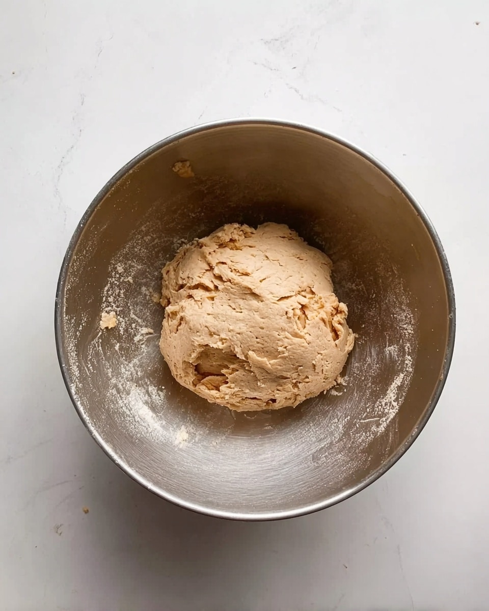 A silver metal bowl on a white marbled surface holds a single ball of light brown dough with a rough texture, slightly flattened and uneven on top. The inside of the bowl shows some small bits of dough stuck along the sides, and the surface around the bowl has a few small crumbs scattered. The scene is simple and clean, focusing on the dough in the center of the bowl. Photo taken with an iphone --ar 4:5 --v 7