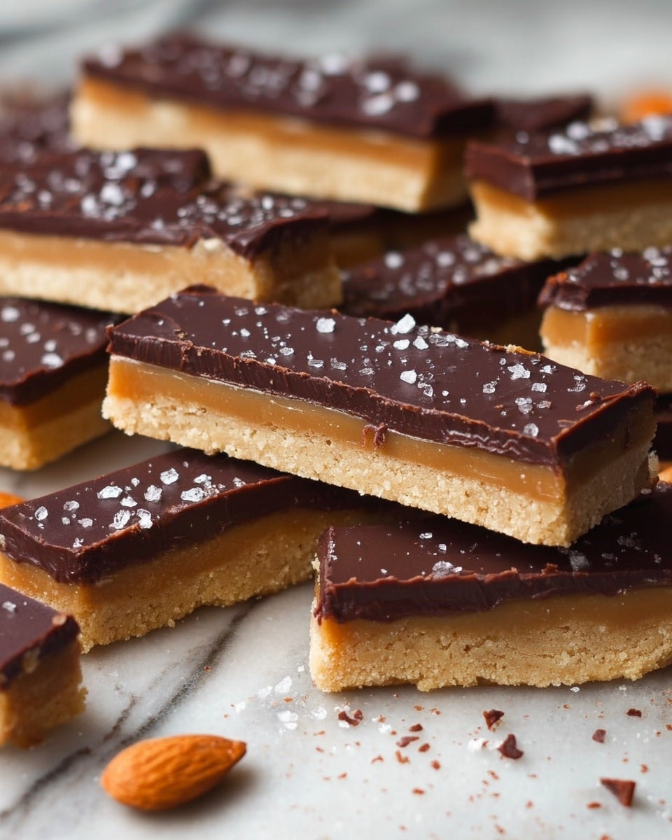 The image shows multiple rectangular bars with three layers arranged on a white marbled surface. The bottom layer is light tan and crumbly, looking like a cookie or shortbread base. The middle layer is a slightly darker, smooth caramel-colored layer, thicker than the base. The top layer is glossy, dark chocolate with a smooth texture, sprinkled with small, shiny white salt flakes. Some bars are stacked or leaning against each other, and a few almond pieces are scattered around the bars. photo taken with an iphone --ar 4:5 --v 7