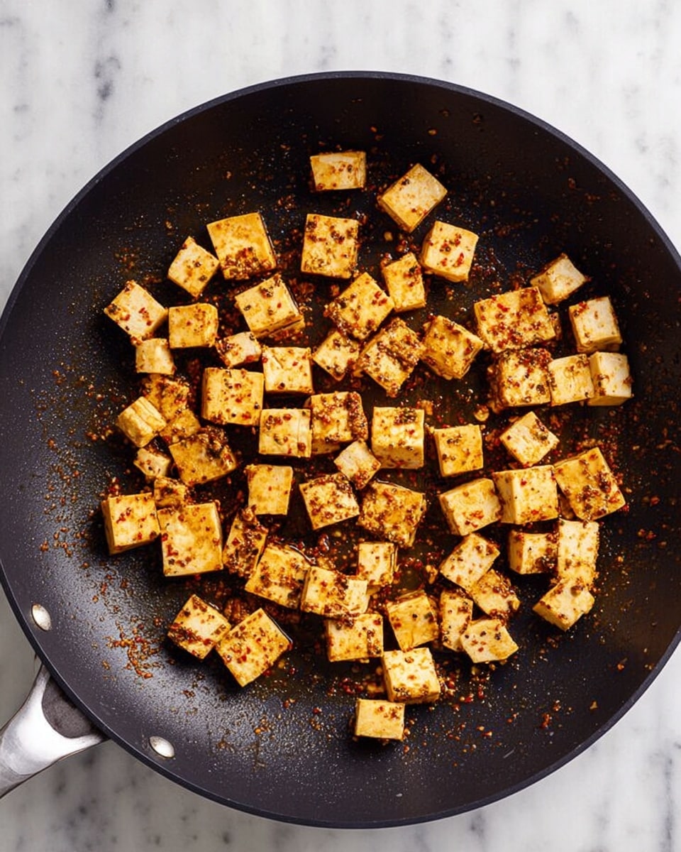 A black non-stick frying pan filled with small, evenly sized cubes of tofu, lightly browned and coated with reddish-brown spices and seasoning, spread out across the pan's surface. The pan is placed on a white marbled surface, and the tofu pieces have a slightly crispy texture with some darker spots of seasoning scattered around the pan. photo taken with an iphone --ar 4:5 --v 7