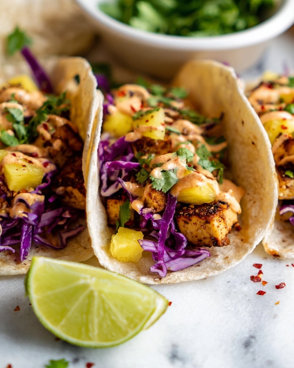 A close-up of two tacos placed on a white marbled surface, each taco made with a soft, light beige tortilla. Inside the tortillas, there are three layers: golden-brown grilled tofu cubes on the bottom, bright purple shredded cabbage in the middle, and small yellow pineapple chunks scattered on top. The tacos are drizzled with a creamy, light orange sauce and sprinkled with red chili flakes and small green cilantro leaves. In the foreground, a wedge of fresh lime with light green skin and pale green flesh is visible. In the background, a white bowl filled with fresh green cilantro is slightly out of focus. photo taken with an iphone --ar 4:5 --v 7