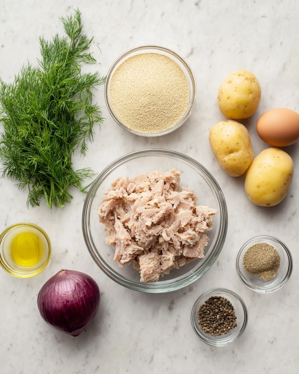 The image shows ingredients neatly arranged on a white marbled surface. In the center, there is a clear glass bowl filled with chunky, light beige tuna. To the left of the bowl, there is a bunch of fresh green dill, a small glass container with light yellow oil, and another clear glass bowl filled with fine light beige breadcrumbs. To the right of the tuna bowl, there are three small, round yellow potatoes, a brown egg, a purple shallot, and a small glass bowl containing black ground pepper. The overall look is clean and organized, with natural colors from the fresh ingredients. photo taken with an iphone --ar 4:5 --v 7