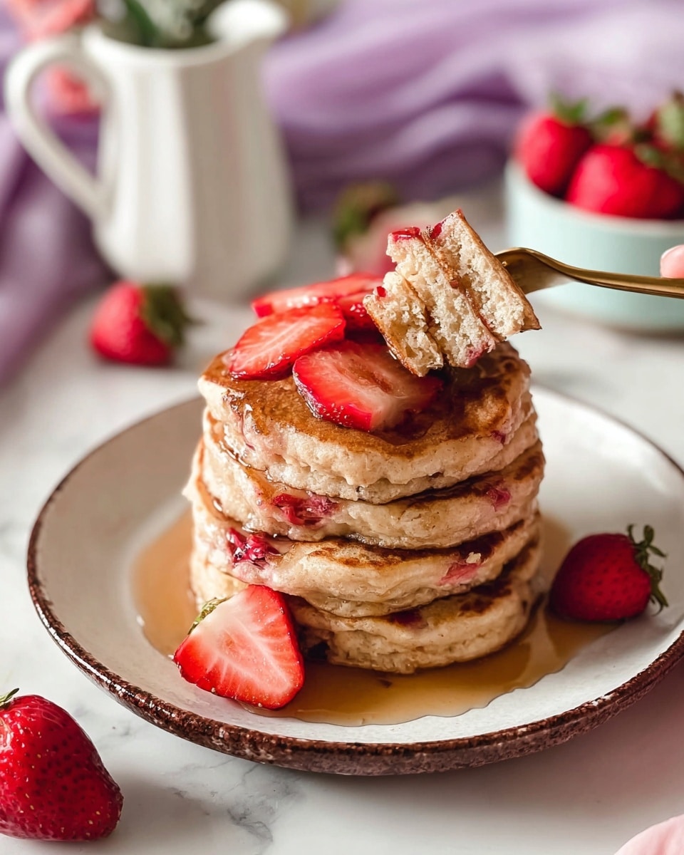A stack of four thick, fluffy pancakes with a light brown color and visible small air holes, each layer studded with red strawberry pieces. The stack sits on a white plate with a rustic dark brown rim, covered with a shiny layer of syrup pooling around the base. The top pancake is partly pierced by a gold fork held by a woman's hand, lifting a bite-sized piece. More fresh strawberry slices rest on top of the pancakes, showing their bright red color and juicy texture. Fresh whole strawberries are scattered around the plate on a white marbled surface. In the blurred background, a white ceramic pitcher and a bowl filled with more strawberries sit near a soft purple cloth. photo taken with an iphone --ar 4:5 --v 7