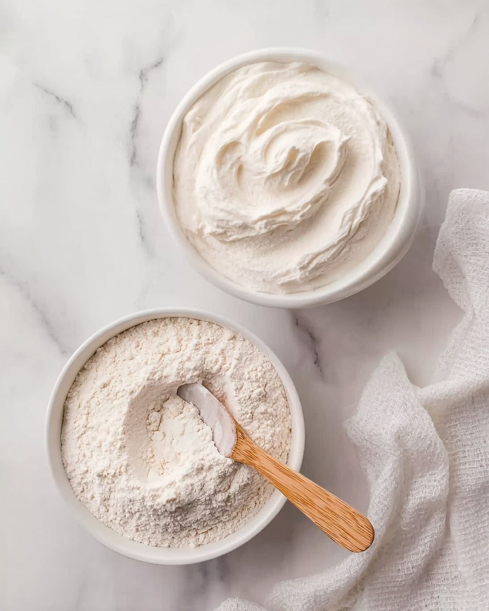 The image shows two white bowls on a white marbled surface. The top bowl is filled with smooth, fluffy white cream with soft peaks. The bottom bowl contains white flour with a light dusting on the edges, and a wooden spoon resting in the flour, with the spoon's bowl partly buried. A white cloth is lying softly near the bottom right corner of the bowl with flour. photo taken with an iphone --ar 4:5 --v 7