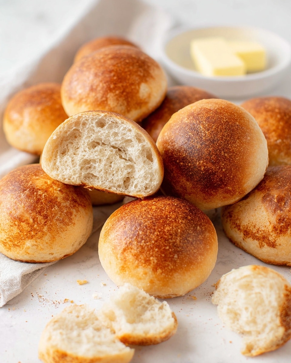 The image shows several small round bread rolls with a golden brown crust, some lying close together while others are spread out on a white marbled surface. One roll is cut open in the center front, revealing a soft, light beige, and fluffy inside. Pieces of broken bread roll rest nearby, adding texture contrast. In the background, there is a small white bowl containing a pale yellow square slab of butter. The overall look is warm and inviting, with the bread rolls’ slightly cracked crust giving a homemade feel. Photo taken with an iphone --ar 4:5 --v 7