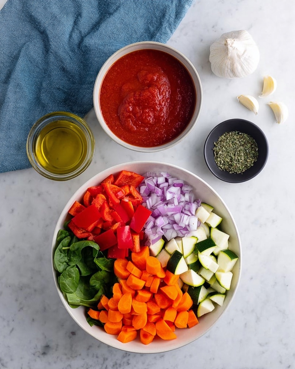 The image shows a white bowl divided into five sections of chopped ingredients: bright red bell peppers, orange carrots, green spinach leaves, white and green zucchini pieces, and purple onion cubes. Next to it, on a white marbled surface, are a white bowl filled with thick red tomato sauce and a small black bowl containing green dried herbs mixed with white salt. Nearby, a clear bowl holds golden olive oil, and three garlic cloves lie close, with one partially peeled. A folded blue cloth is placed above the white bowl, adding soft texture to the scene. Photo taken with an iphone --ar 4:5 --v 7