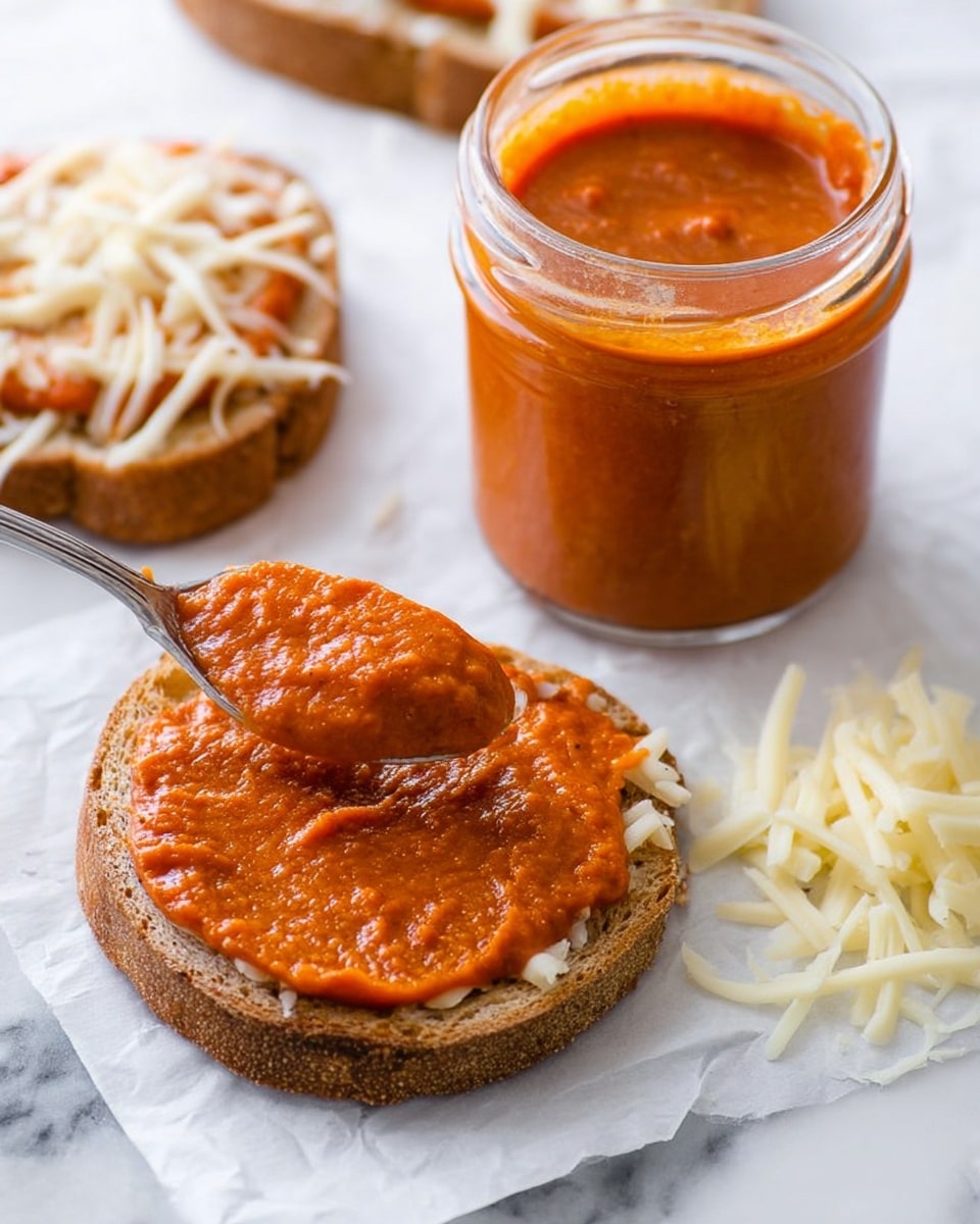 A close-up view of a brown round bread slice with vibrant red-orange sauce being spread evenly on it by a spoon, placed on white parchment paper on a white marbled surface. To the right, there is a small mound of shredded pale yellow cheese. Behind the bread slice, there is a second bread slice topped with sauce and cheese shreds. On the right side of the image, a clear glass jar is filled with the same red-orange sauce, showing a thick, smooth texture. The setting is brightly lit with soft shadows, emphasizing the textures and colors of the sauce, bread, and cheese. photo taken with an iphone --ar 4:5 --v 7