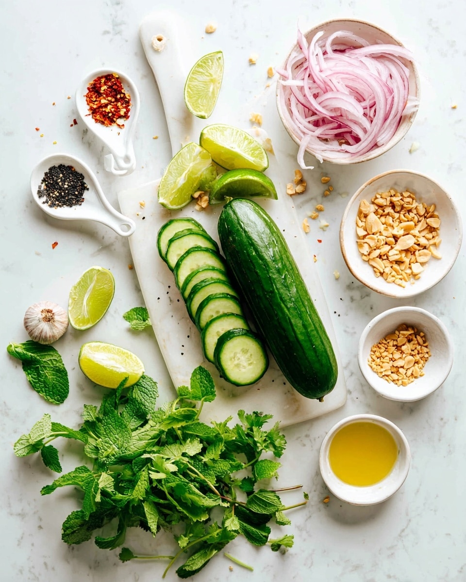 The image shows a food preparation scene on a white marbled surface. At the center is a white cutting board with a whole dark green cucumber, partially sliced into even, round pieces stacked on top. Around the cutting board are fresh herbs including bright green cilantro and mint leaves. To the left, several lime wedges and a whole lime sit next to small white ceramic spoons holding red chili flakes, amber-colored liquid, and black sesame seeds. On the right, small white bowls contain yellow oil and chopped peanuts, along with a white bowl filled with thinly sliced red onions. A single clove of garlic is also placed on the cutting board. The photo taken with an iphone --ar 4:5 --v 7