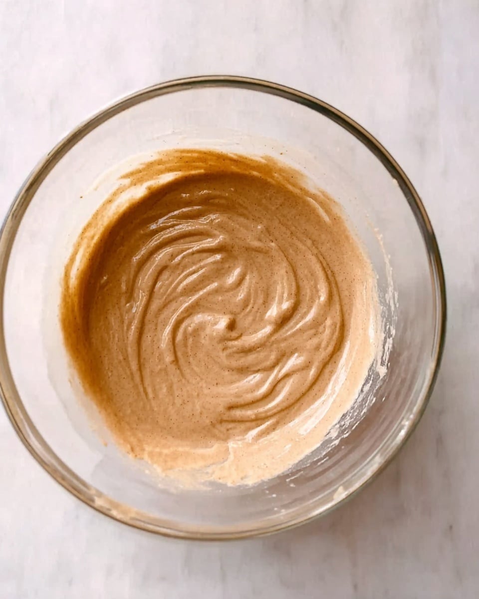 The image shows a clear glass bowl with a light brown smooth batter inside. The batter has a thick, creamy texture with visible swirls on the surface, showing it has been recently mixed. The background is a white marbled texture, and the bowl is positioned in the center of the image. Photo taken with an iphone --ar 4:5 --v 7