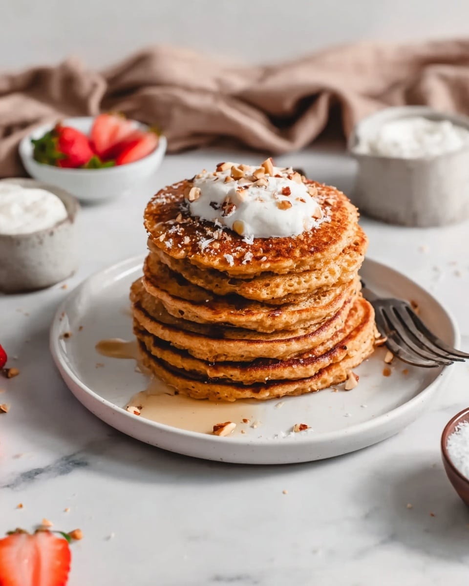 A stack of five golden-brown pancakes sits in the center of a white plate on a white marbled surface. The pancakes have a slightly crispy texture with small air bubbles visible. On top of the stack, there is a dollop of white cream, sprinkled with small chopped nuts. Light syrup is drizzled over the pancakes, pooling slightly on the plate. Around the plate are fresh red strawberries and small bowls with white cream. A woman’s hand holds a fork touching the side of the plate. A soft brown cloth is placed in the background. photo taken with an iphone --ar 4:5 --v 7