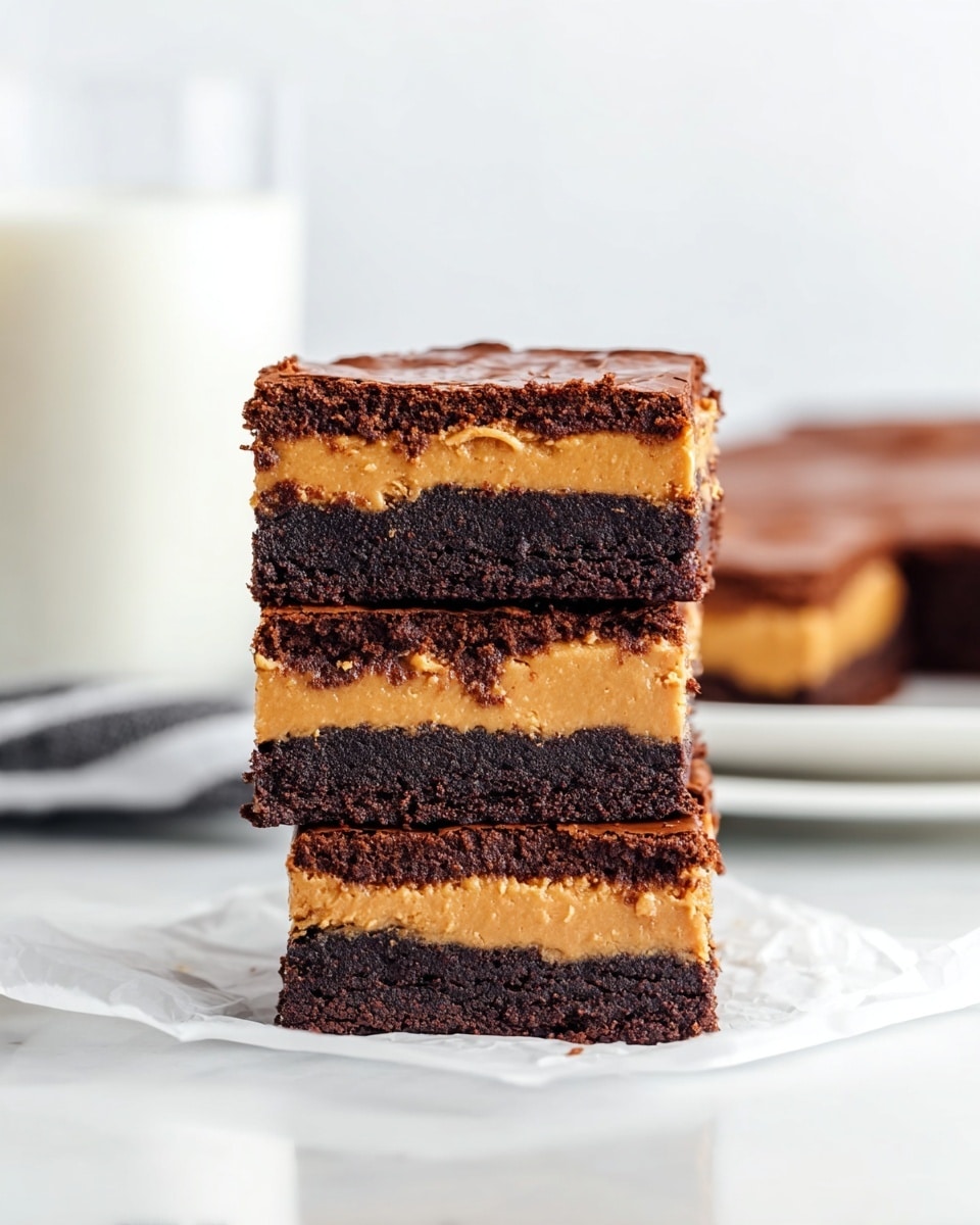 The image shows a stack of three square brownie bars with three visible layers in each bar. The top and bottom layers are dark brown, dense, and slightly crumbly with a smooth top surface. The middle layer is a thick, creamy light brown peanut butter filling that contrasts with the darker chocolate layers. The stack rests on a crumpled piece of white parchment paper, placed on a smooth white marbled surface. In the soft, blurred background, there is a full glass of milk on the left and another brownie bar on a white plate to the right, all set against a bright white background. photo taken with an iphone --ar 4:5 --v 7