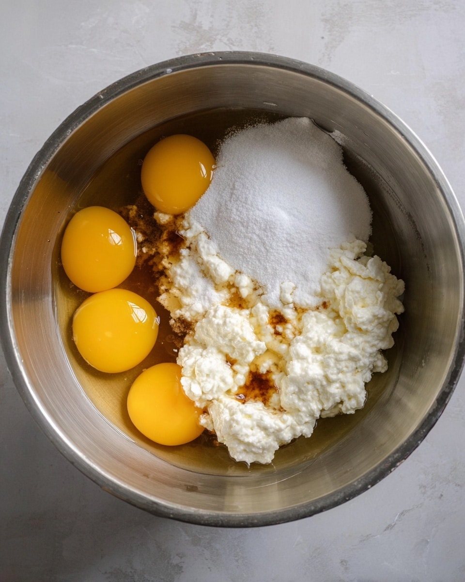 Inside a silver mixing bowl placed on a white marbled surface, there are four raw eggs with bright yellow yolks on the left side. To the right, a mound of white granulated sugar sits next to a textured mound of white cottage cheese in the center. Light brown vanilla extract is drizzled over the cottage cheese, creating small brown spots. The bowl's metal surface shows light scratches and softly reflects light. photo taken with an iphone --ar 4:5 --v 7