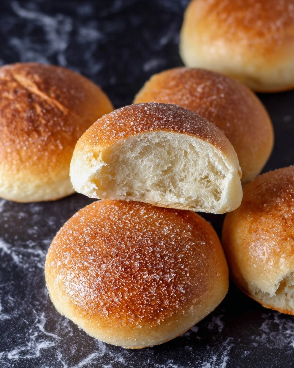 The image shows five round buns with a golden brown color and a light dusting of sugar on top. The buns have a soft and fluffy inner texture visible in one broken bun near the top of the image. The top crust looks slightly crispy with a cracked sugar layer giving a textured, sugary finish. They are placed on a dark textured surface which is changed in the prompt to a white marbled texture. The buns are arranged so that four whole buns and one opened bun are visible photo taken with an iphone --ar 4:5 --v 7