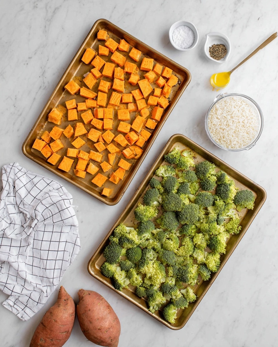 Two baking trays sit on a white marbled surface, one tray filled with small orange cubes of sweet potato spread out evenly, and the other tray holding green broccoli florets also spread evenly. Next to the trays are a clear measuring cup filled with raw white rice, two small white ramekins one with salt and a small yellow spoon, the other with ground black pepper and three whole sweet potatoes at the bottom edge. A white cloth with black grid lines is folded and placed to the left of the trays. The photo taken with an iphone --ar 4:5 --v 7
