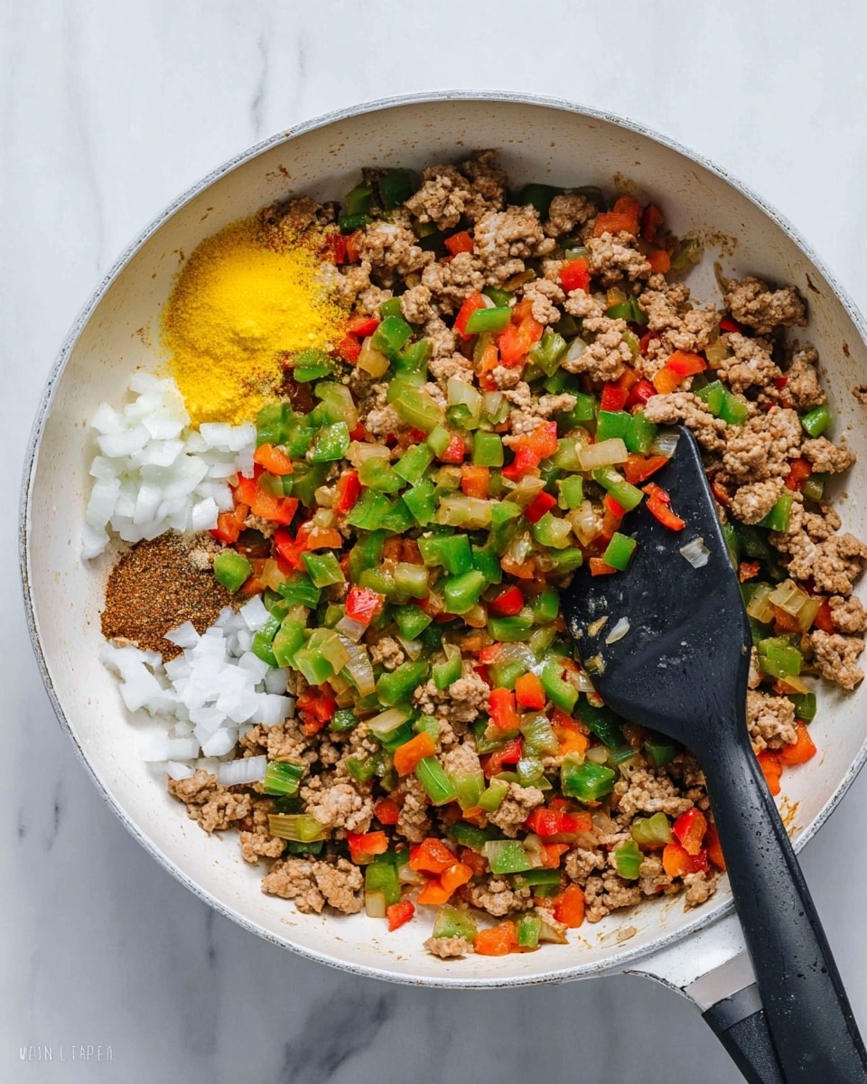 The image shows a white skillet filled with layers of cooked ground meat mixed with diced green and red bell peppers, and onions. On top of the mixed ingredients, there are small piles of yellow minced garlic, white salt, black pepper, and a brown ground spice. A black spatula is resting in the skillet on the right side. The skillet is placed on a white marbled surface. photo taken with an iphone --ar 4:5 --v 7