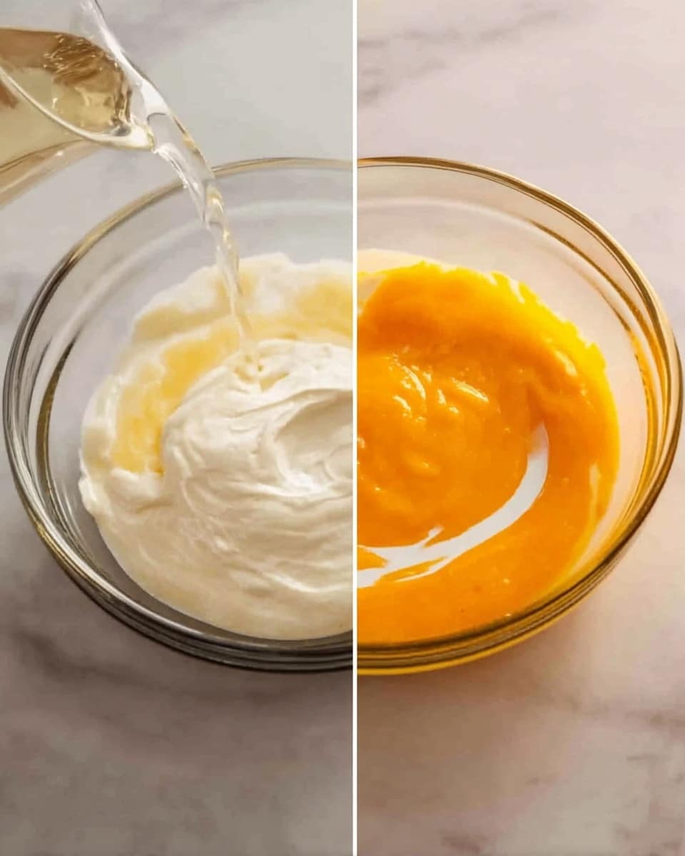 The image shows two side-by-side pictures of a clear glass bowl placed on a white marbled surface. On the left, a clear liquid is being poured into the bowl containing a creamy, white, thick mixture that fills about half of the bowl, creating a smooth and slightly shiny texture. On the right, a thick, bright orange liquid is being poured into the same creamy white mixture with a slight swirl effect forming where the two liquids meet, showing a contrast between the white base and the vibrant orange layer on top. The glass bowl's transparency highlights the layers clearly with reflections of light. Photo taken with an iphone --ar 4:5 --v 7
