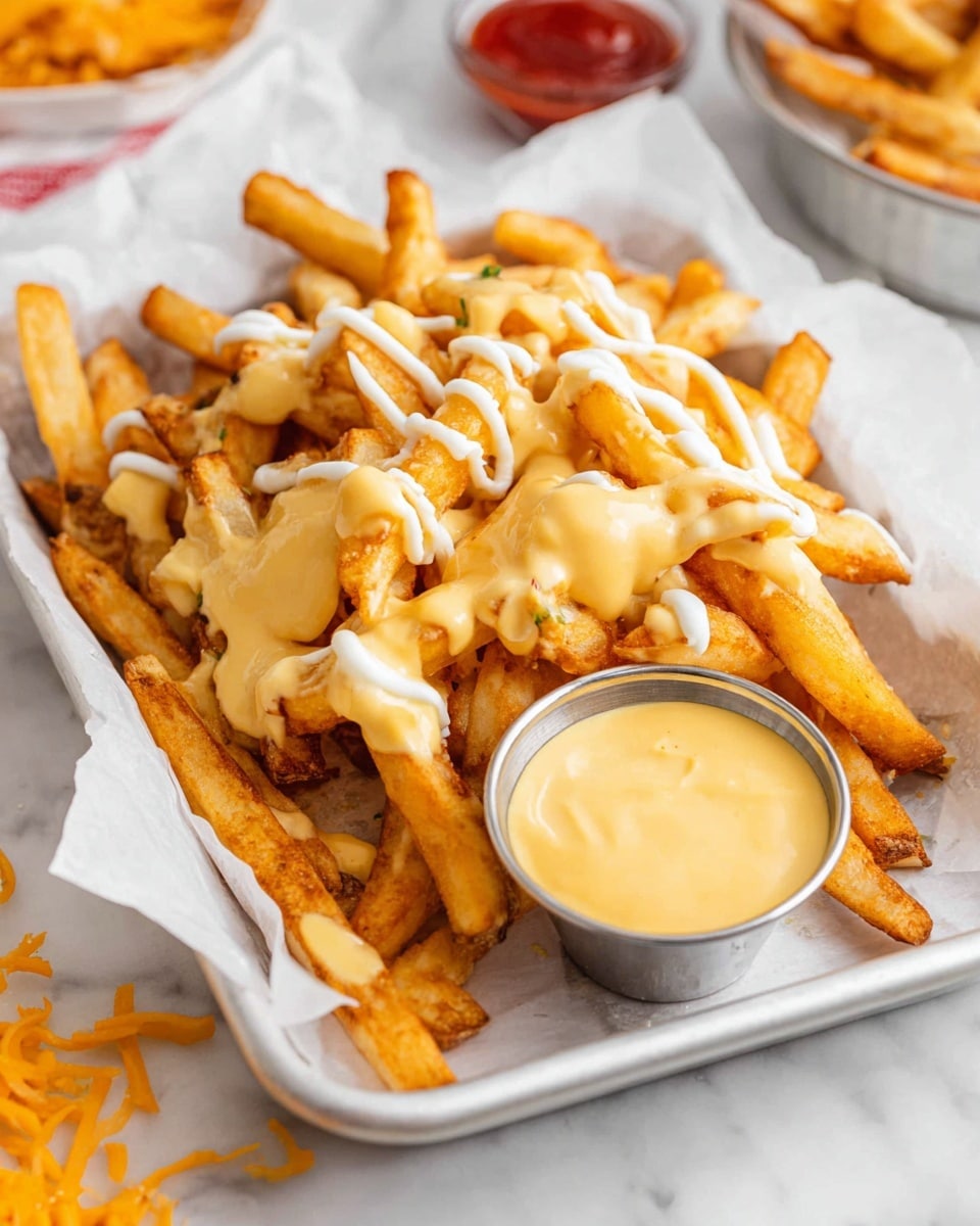 A white rectangular tray lined with white parchment paper holds a pile of golden brown fries. They are topped with two sauces: a creamy yellow cheese sauce spread thickly over most fries and a white sauce drizzled in a zigzag pattern on top. The fries look crispy with a slightly uneven texture. In the bottom right corner of the tray, a small metal cup filled with more yellow cheese sauce sits close to the fries, ready for dipping. The tray is placed on a white marbled surface, with a few shredded orange cheese pieces scattered nearby. In the background, there is a blurred glimpse of fries and a cup of red ketchup. photo taken with an iphone --ar 4:5 --v 7