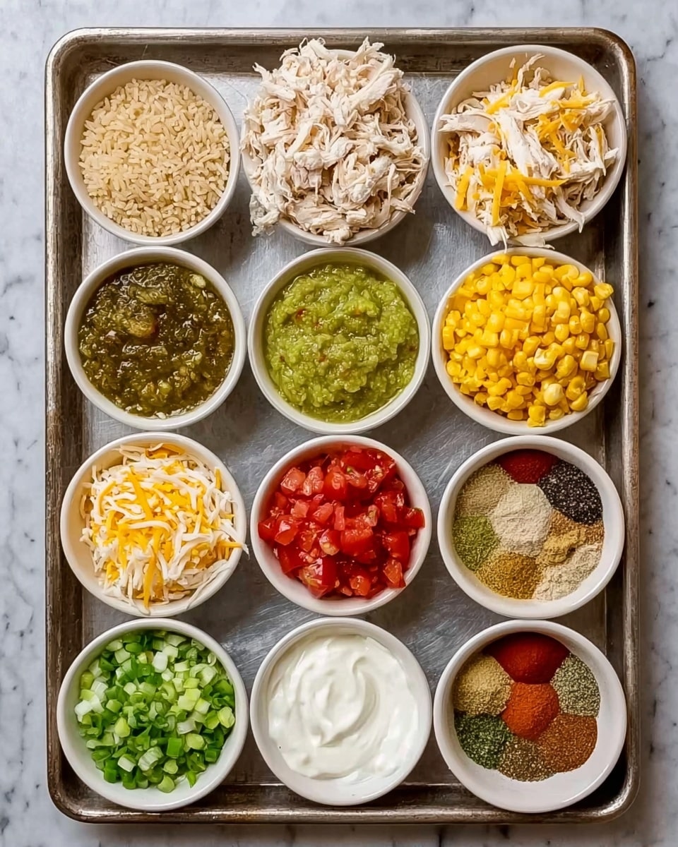 The image shows a metal tray holding ten small white bowls arranged in a grid pattern. The top row has two bowls of light brown rice on the left and shredded white chicken on the right. The middle row has four bowls: green salsa on the left, dark chunky green sauce in the center-left, bright yellow corn in the center-right, and a mix of shredded white and orange cheese on the right. The bottom row has four bowls: chopped green onions on the left, white sour cream in the center-left, bright red diced tomatoes with herbs in the center-right, and three dry spices in the rightmost bowl featuring shades of brown, green, and red. The tray sits on a white marbled surface. Photo taken with an iphone --ar 4:5 --v 7