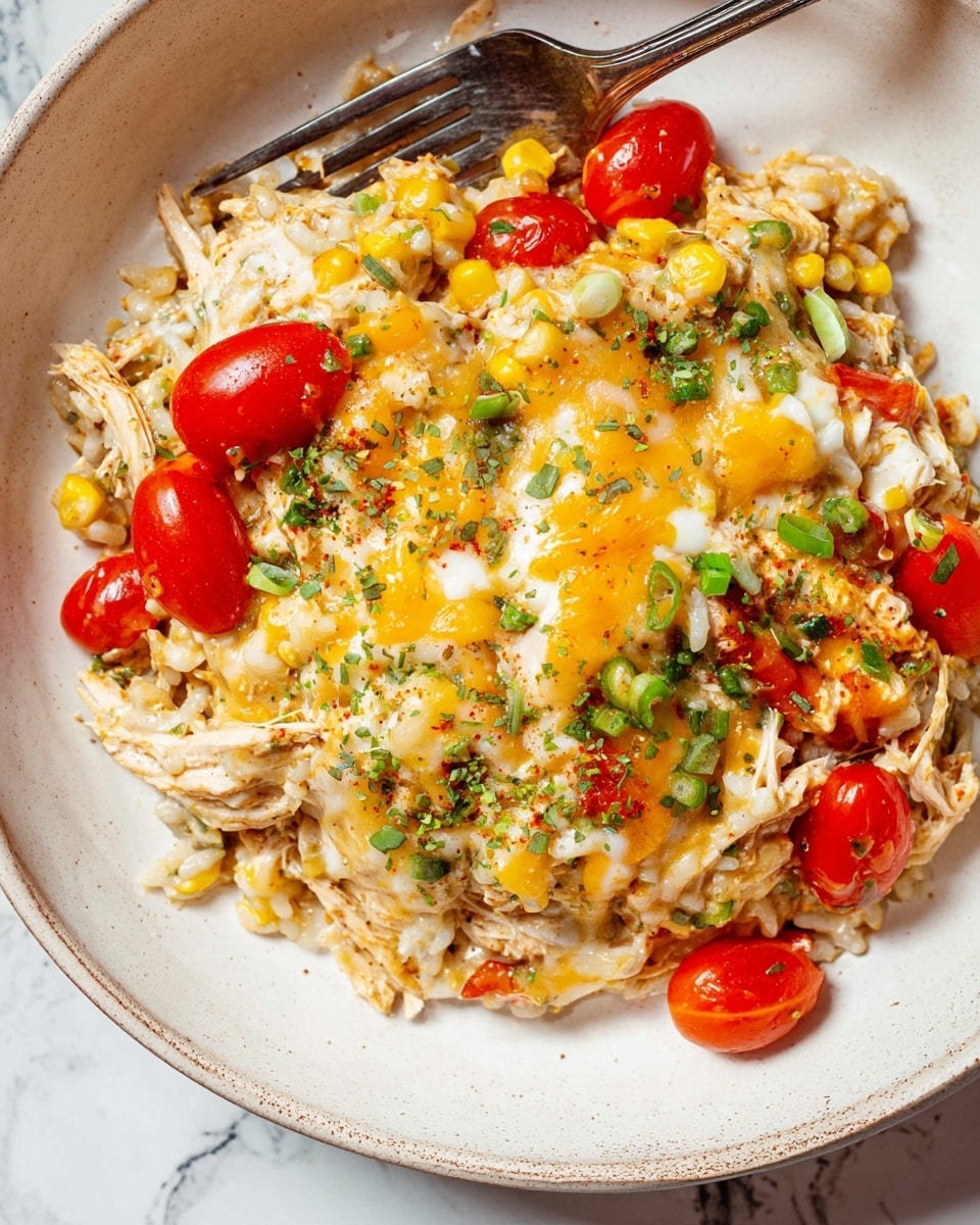 The dish shows a thick, mixed layer of rice and shredded chicken with a creamy sauce, topped with melted yellow and white cheese that stretches slightly as if pulled. Scattered on top and around the dish are bright red cherry tomato quarters and small pieces of green onions, adding fresh pops of color. There are also visible small yellow corn kernels and finely chopped green herbs sprinkled over the whole dish. The food sits on a white plate against a white marbled texture background, with a rustic, slightly tarnished silver fork partly hidden on the left side photo taken with an iphone --ar 4:5 --v 7