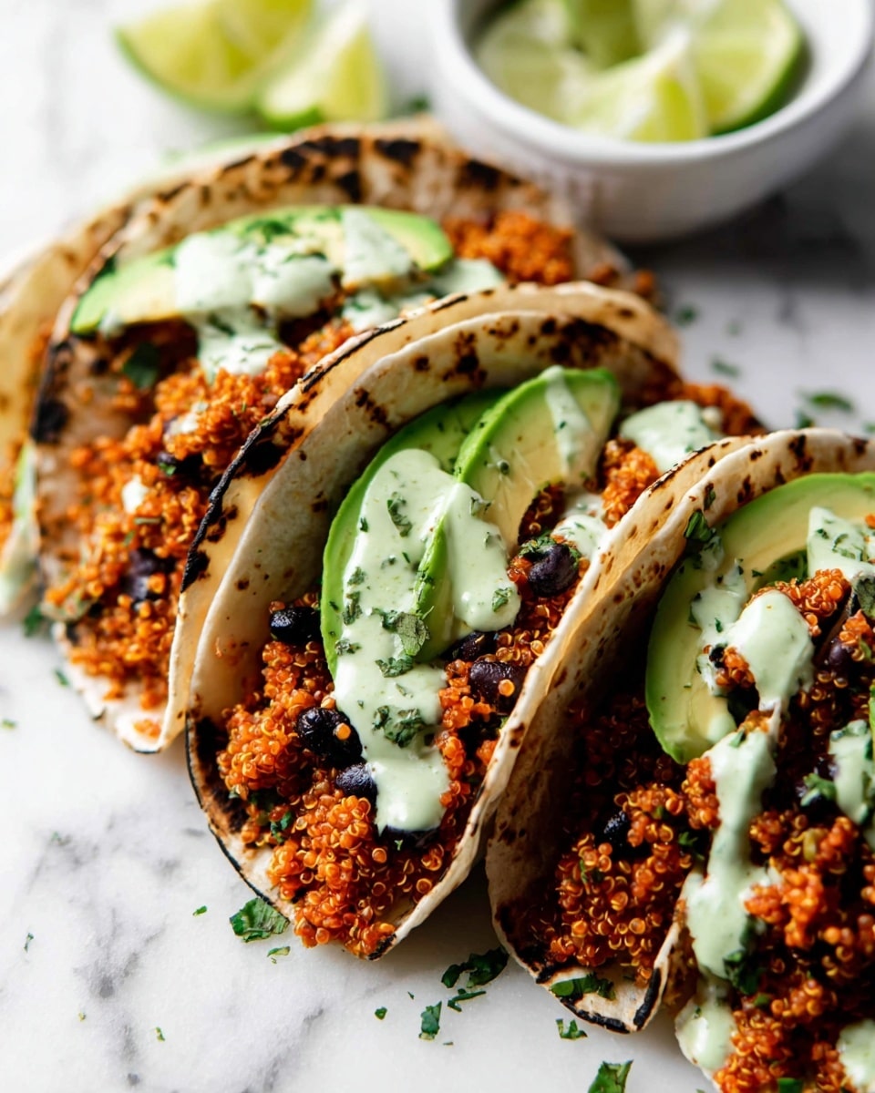 This image shows several small tacos placed close together on a white marbled surface. Each taco has a charred white tortilla shell folded around a filling of bright orange quinoa mixed with black beans and green herbs. On one side of the filling, there are fresh slices of green avocado. Light green creamy sauce is drizzled over the quinoa mixture and avocado slices. In the background, there is a white bowl with lime wedges. Photo taken with an iphone --ar 4:5 --v 7