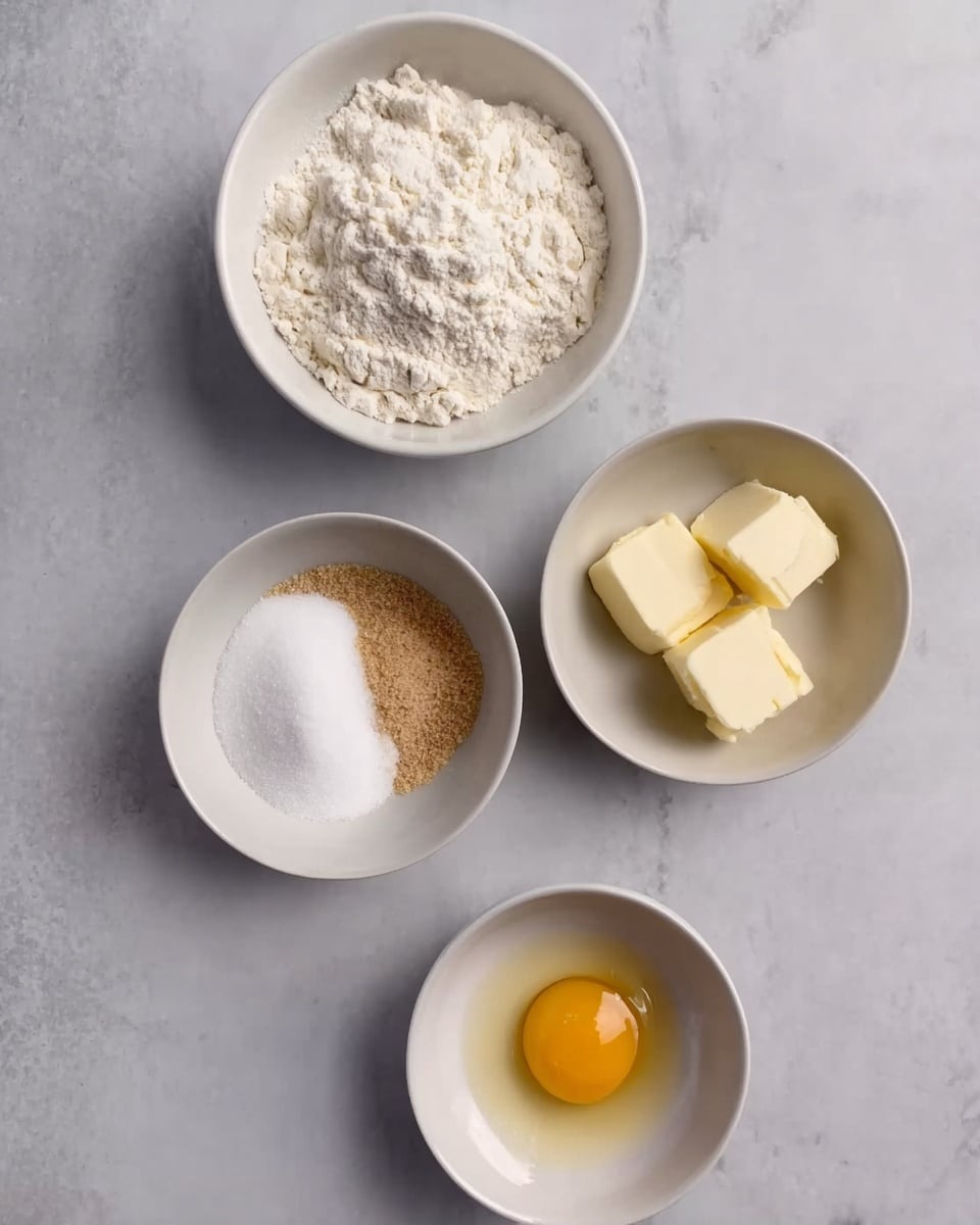 The image shows four small white bowls placed on a white marbled surface. One bowl contains white flour with some lumps on top, the second bowl has a mix of white sugar and light brown sugar together, the third bowl has three small cubes of pale yellow butter, and the fourth bowl holds a single raw egg yolk. The bowls are spaced evenly and arranged in a loose cluster. Photo taken with an iphone --ar 4:5 --v 7