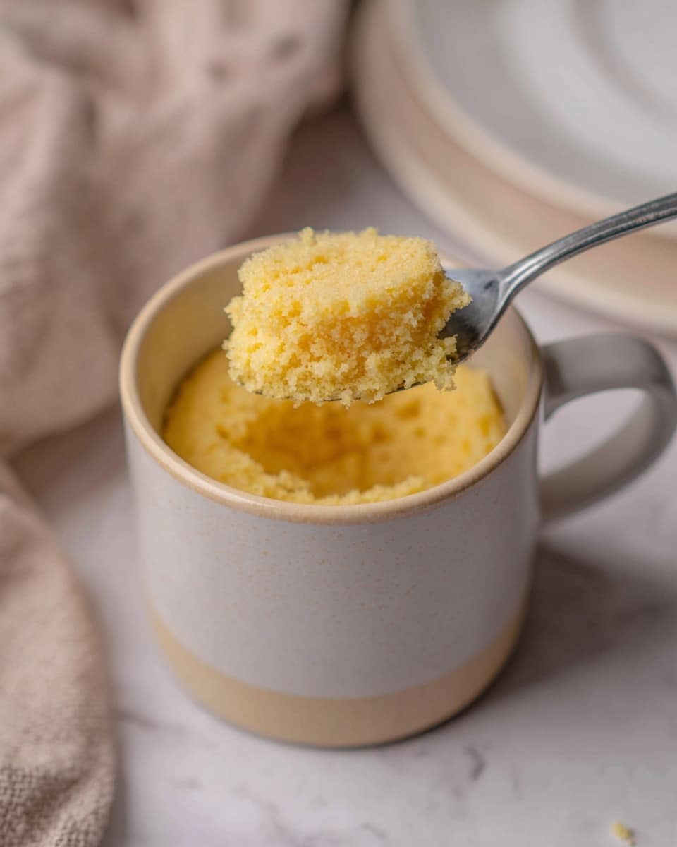 A white ceramic mug with a light beige rim sits on a white marbled surface, holding a single yellow, soft, fluffy cake layer inside. A metal spoon lifts a portion of the cake out of the mug, showing its crumbly and moist texture close-up. In the blurred background, part of a beige cloth is visible along with a white plate. The photo taken with an iphone --ar 4:5 --v 7