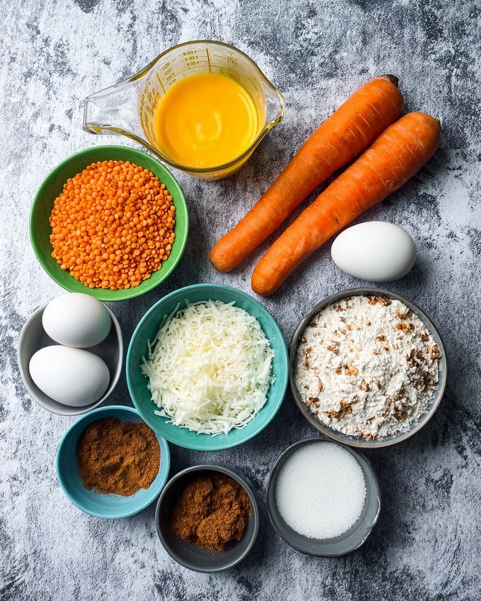The image shows a white marbled surface with various ingredients arranged neatly. There are two long orange carrots placed horizontally near the middle. Above the carrots, there are two eggs, a measuring cup with a yellow puree, and a measuring cup with white cream. On the left side, there is a green bowl filled with orange lentils and another green bowl containing white flour. Above the green bowls, a smaller blue bowl holds shredded white coconut. Below the carrots, a blue bowl contains brown sugar and a small gray bowl with ground cinnamon. Finally, a small white bowl filled with white granulated sugar is placed near the bottom right. Photo taken with an iphone --ar 4:5 --v 7