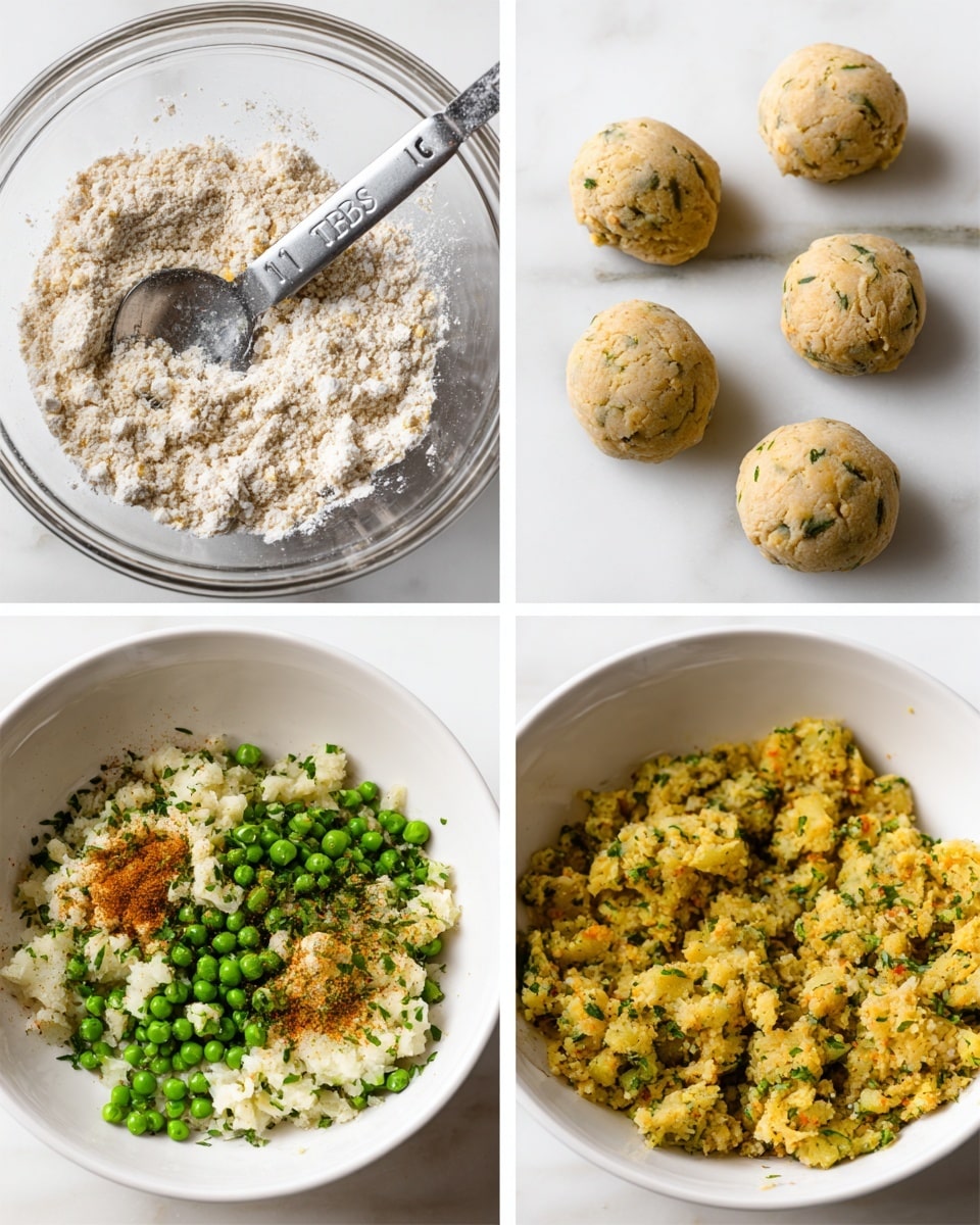 The image shows four steps of making dough and filling for a savory dish on a white marbled surface. The top left part has a clear glass bowl with a layer of crumbly, off-white flour mixture with small dark specks, and a silver measuring spoon labeled
