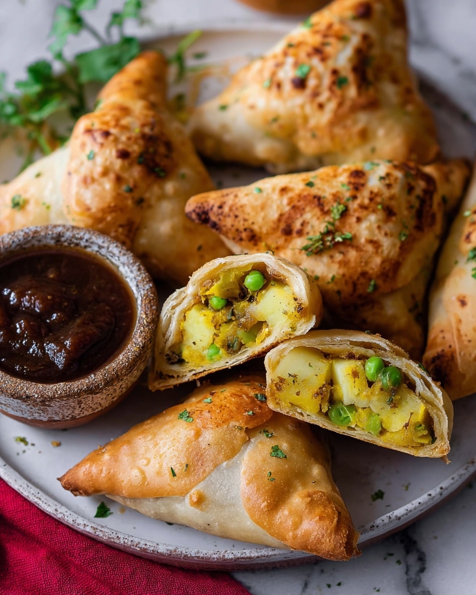 The image shows a white plate with several golden-brown triangular samosas arranged closely, some whole and two halves revealing the filling inside. The crispy outer layer is lightly browned with small green herb bits scattered on top. Inside, the filling is yellow with chunks of potatoes and bright green peas, giving a soft texture contrast to the crispy crust. A small rustic bowl with dark brown chutney sits on the plate near the samosas, and green herbs add a fresh touch in the background. The plate is on a white marbled surface with a red cloth partially visible nearby. photo taken with an iphone --ar 4:5 --v 7