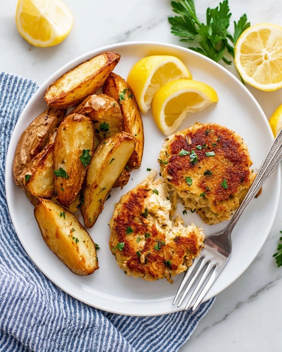 The image shows two golden brown crab cakes on the right side of a white plate, one whole and one broken with flaky texture inside, sprinkled with small bits of green herbs. On the left side, there are several crispy, golden roasted potato wedges with a slightly rough texture and some green herbs sprinkled on top. A silver fork is placed next to the broken crab cake with its prongs touching the cake. The plate is on a white marbled surface with three lemon slices and a sprig of fresh parsley near the top right, and a blue and white striped cloth napkin is near the bottom right corner. Photo taken with an iphone --ar 4:5 --v 7