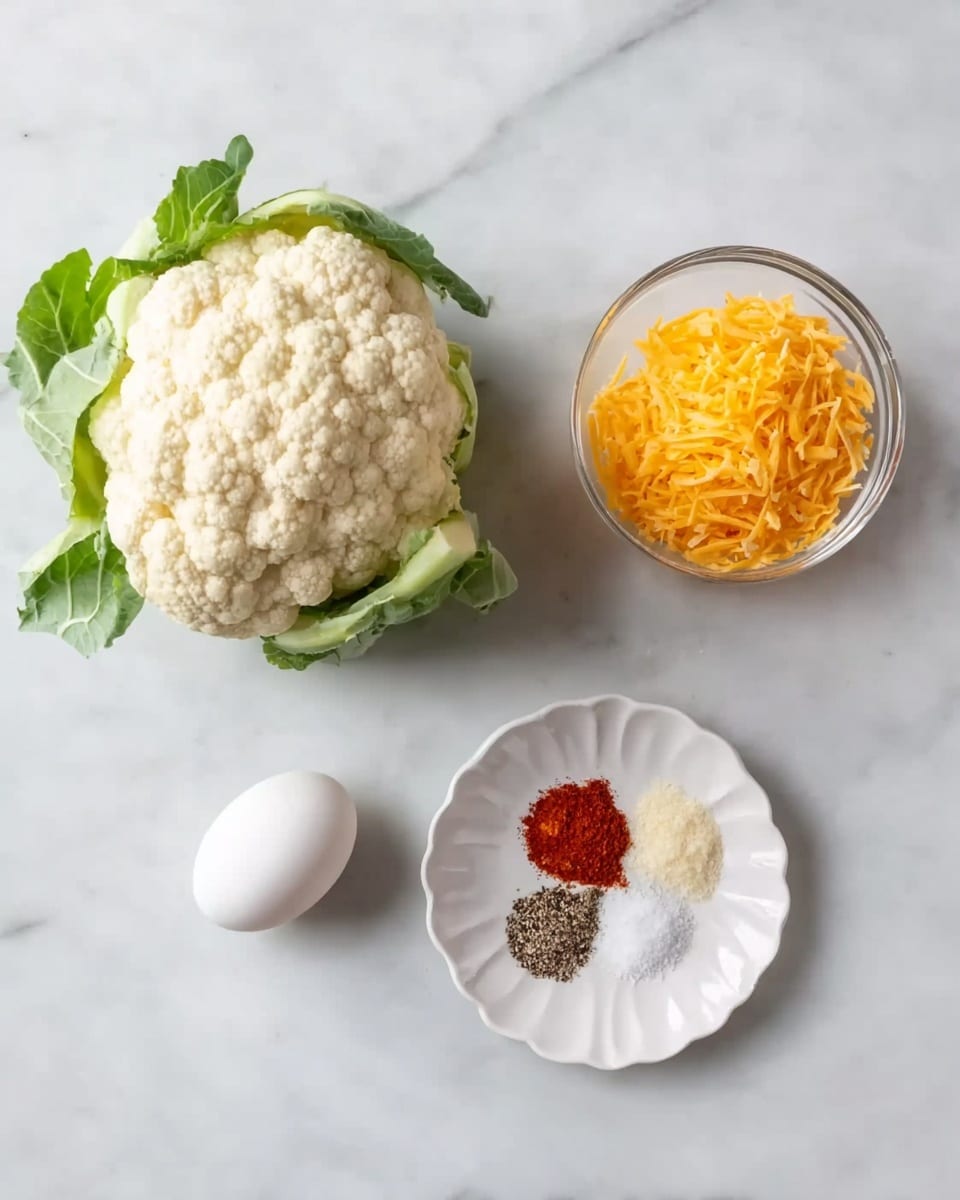 On a white marbled surface, there is a whole head of cauliflower with green leaves on the left side. Near it to the right lies a single white egg. Above the egg, there is a small clear glass bowl filled with shredded orange cheddar cheese. To the right of the egg and cheese, there is a small white plate with a scalloped edge holding four small piles of spices: red powder (likely paprika), black and white pepper mix, white salt, and another light-colored seasoning. The scene is bright and clean, with simple natural lighting. photo taken with an iphone --ar 4:5 --v 7