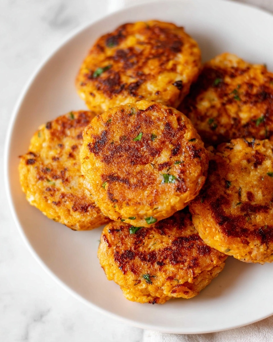 Five round, golden-orange patties with a slightly rough and crispy texture are arranged closely together on a white plate. Each patty has a browned, slightly charred surface with small green herb pieces sprinkled on top. The patties look soft yet firm with subtle white flecks mixed inside, indicating a layered mix of ingredients. The plate sits on a white marbled surface that adds a clean, bright contrast to the warm colors of the patties. photo taken with an iphone --ar 4:5 --v 7