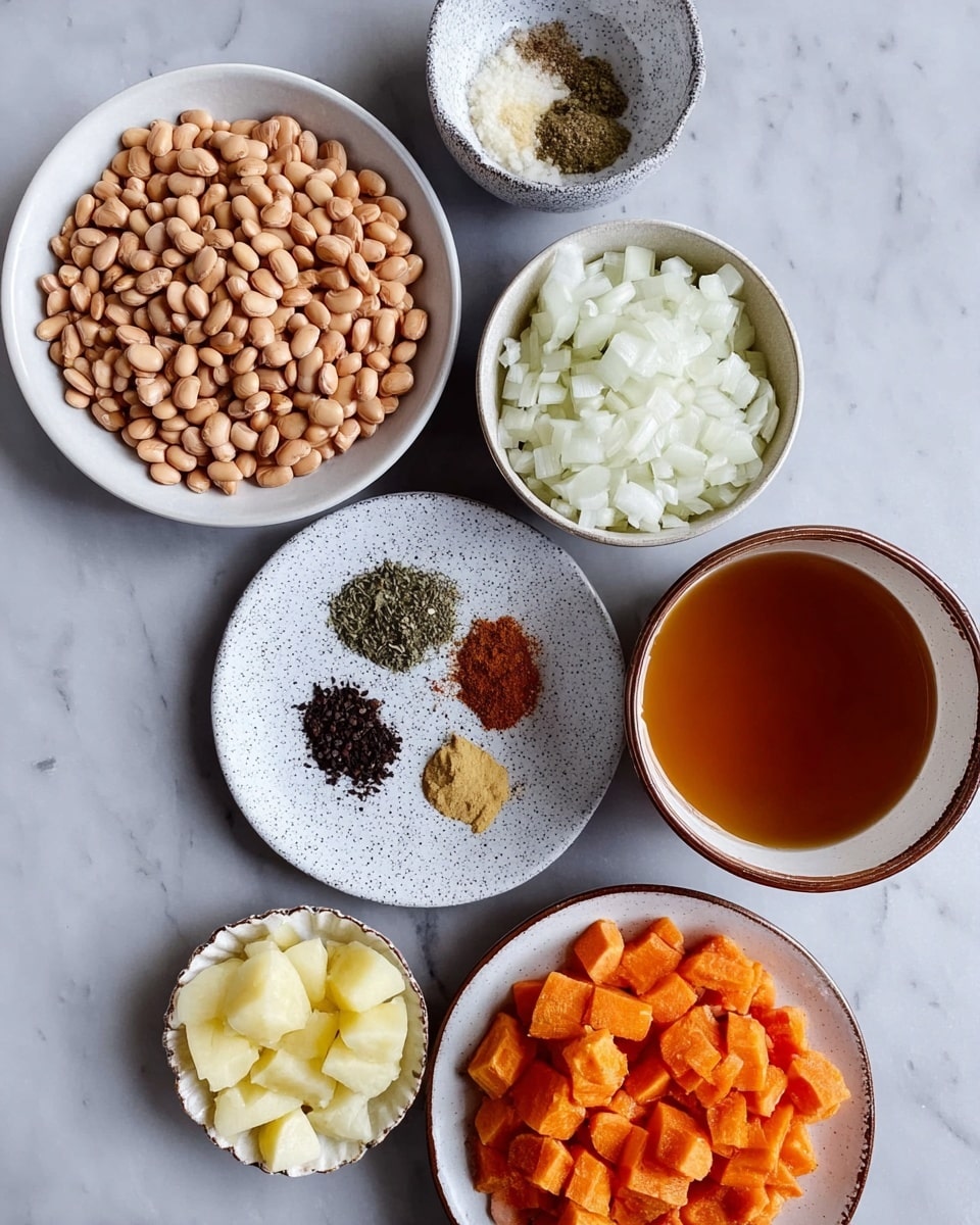 The image shows seven white dishes with different ingredients arranged on a white marbled surface. Starting from the left, there is one large white plate full of light brown beans. Above it, a medium white bowl holds chopped white onions. Next to the onions, a small white speckled plate displays six piles of spices in colors like dark green, brown, black, red, and white. Below the spices, a small white bowl holds chopped light yellow garlic. To the left of the garlic, a small white scalloped bowl contains light yellow potato pieces. At the bottom right, a large white bowl is filled with an amber-colored liquid. In the center right, a medium white plate with a brown rim holds bright orange carrot chunks. Photo taken with an iphone --ar 4:5 --v 7