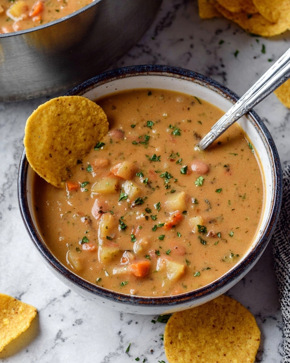A bowl filled with thick, creamy bean soup showing visible chunks of potatoes and carrots mixed throughout the light brown soup. Small green herbs are sprinkled on top, adding color. A round yellow corn chip is resting on the edge of the white bowl. A silver spoon with some soup is partly submerged in the bowl. The bowl sits on a white marbled surface, and there are a few more corn chips nearby. Part of a metal pot with more soup is visible in the background. photo taken with an iphone --ar 4:5 --v 7
