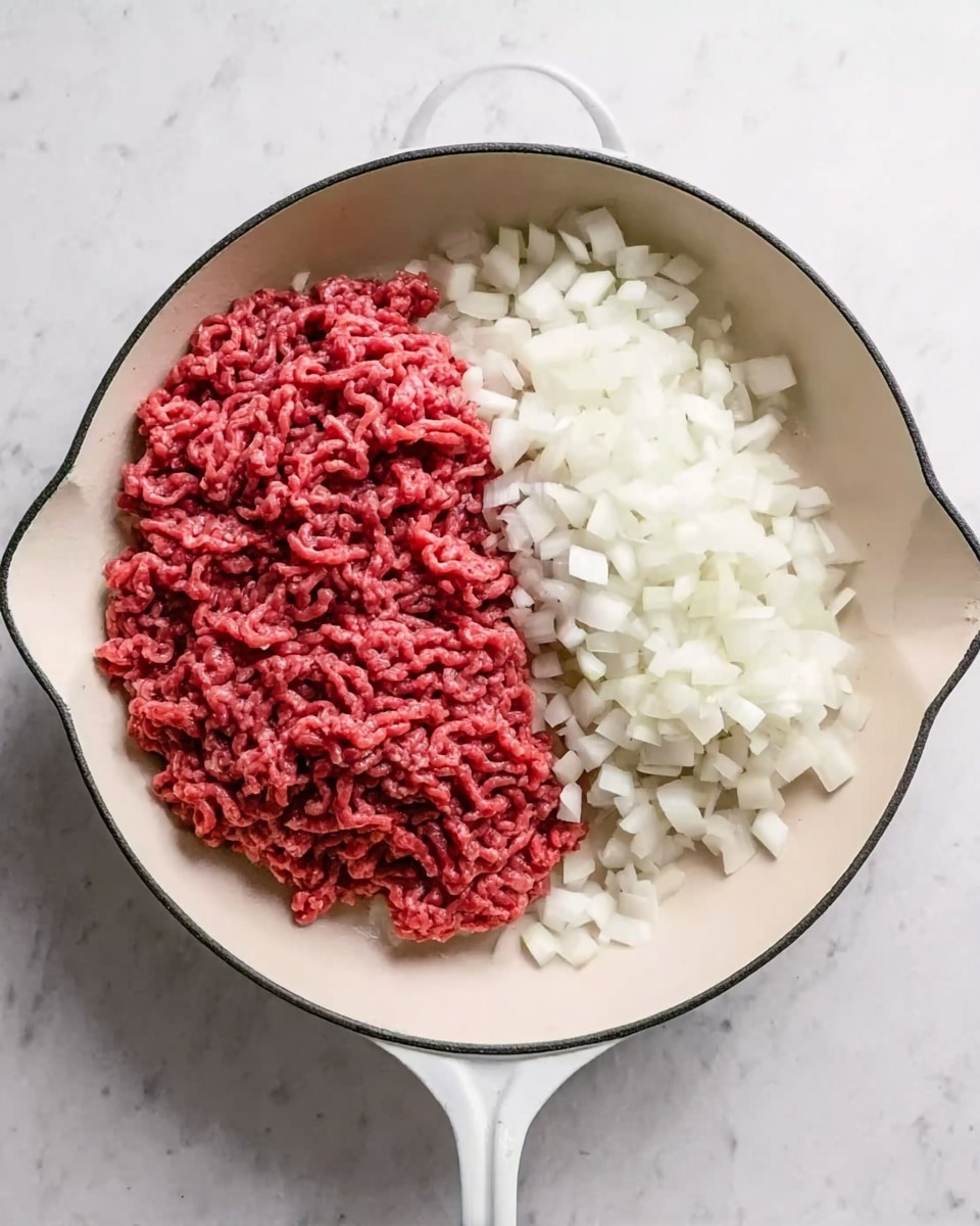The image shows a white cast iron skillet on a white marbled surface. Inside the skillet, there are two main layers: on the left side, raw ground meat with deep red and pink tones, and on the right side, a pile of white chopped onions. The meat has a textured, stringy look while the onions are small, cubed pieces with a slightly translucent white color. The skillet handle is clearly visible at the bottom, and the scene is brightly lit, showing clear details of both ingredients. photo taken with an iphone --ar 4:5 --v 7