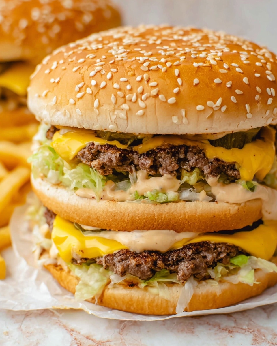 A close-up view of a double cheeseburger showing three layers of sesame seed buns in golden brown on the top, middle, and bottom, with two layers of melted bright yellow cheese and cooked ground beef patties in dark brown between them. There are greenish pickles and light green shredded lettuce layered below the cheese and beef. A creamy beige sauce is spread on top of the pickles, oozing slightly between the layers. Some fries in pale yellow are seen at the bottom near the burger. The burger sits on white parchment paper over a white marbled surface. Photo taken with an iphone --ar 4:5 --v 7