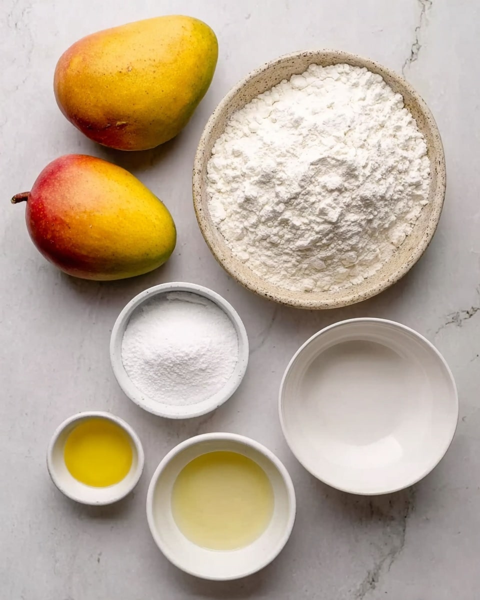 The image shows a group of ingredients on a white marbled surface. There are two mangoes with yellow and red skins placed side by side on the left. Next to them is a small white bowl filled with white sugar. Above the sugar bowl is a round, rustic bowl filled with white flour, showing a slightly uneven surface texture. To the right of the flour bowl is a plain white bowl with a smooth white substance inside. In front of these are three small white bowls  one holding a yellow oil, another with a clear, light yellow liquid, and the last one containing white baking powder. The ingredients are arranged in a neat, balanced way. photo taken with an iphone --ar 4:5 --v 7
