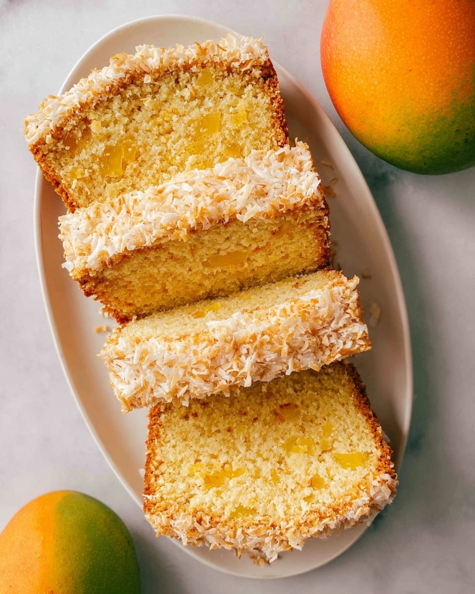 Four slices of moist yellow cake with bits of pineapple inside are arranged slightly overlapping on a white plate. The top and sides of the cake are covered with a light sprinkle of toasted shredded coconut, giving a textured, golden-brown look. To the top right of the plate, two whole mangos with orange and green skin sit on a white marbled surface. The scene is well lit, showing the cake's soft crumb and toasted coconut detail clearly. Photo taken with an iphone --ar 4:5 --v 7