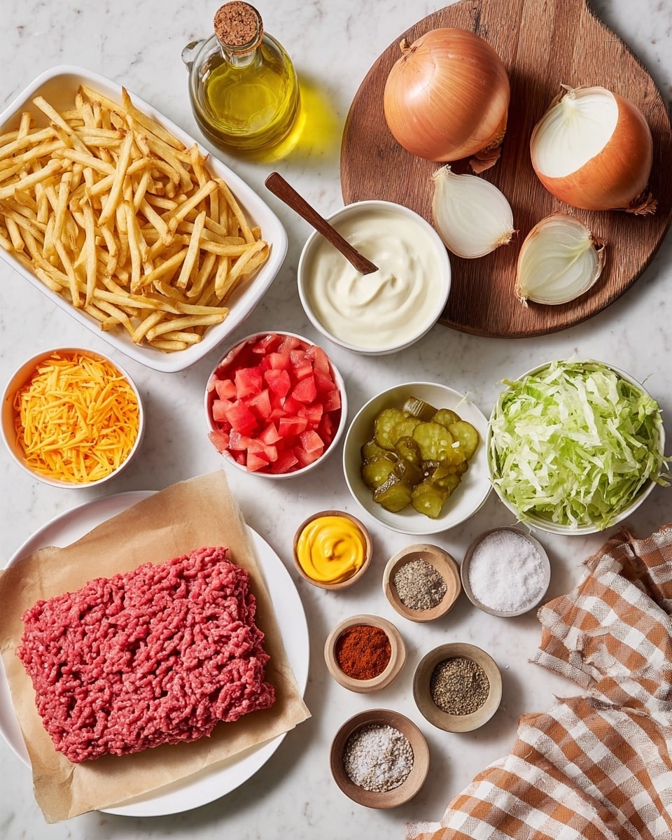The image shows ingredients for a meal arranged neatly on a white marbled surface. There is a white shallow dish filled with thin, golden French fries on the top left, next to a small glass bottle of golden oil and a white bowl of creamy white sauce with a small wooden spoon in it. To the right, a wooden round board holds a whole golden brown onion and slices of white onion with a small knife. Below, a white plate holds a large rectangular portion of raw, red ground meat on brown paper. Surrounding these main items, there are several small white bowls with chopped red tomatoes, shredded bright orange cheddar cheese, pale yellow mustard, light green shredded lettuce, and chopped light green pickles. Two small dishes contain different seasonings in red, beige, black, and white colors. A beige and white checkered cloth is folded in the bottom right corner. Photo taken with an iphone --ar 4:5 --v 7