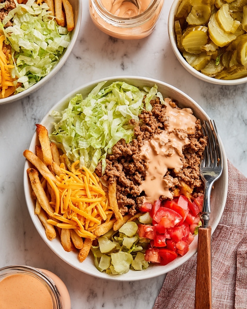 A white shallow bowl holds a layered dish with crispy golden fries on the left edge, shredded light green lettuce along the top, a mound of bright orange shredded cheese next to the lettuce, a heap of browned ground meat covered in a light pink sauce in the center, caramelized dark brown onions near the cheese and meat, diced light green pickles at the bottom right, and chopped bright red tomatoes to the right. On the right side of the bowl, a fork with a wooden handle rests with its prongs facing down on the white marbled surface beneath. Nearby, another similar bowl and a white bowl with more shredded lettuce are partially visible, along with a small jar of light green pickles and a glass container filled with the same pink sauce, all on the white marbled surface. photo taken with an iphone --ar 4:5 --v 7