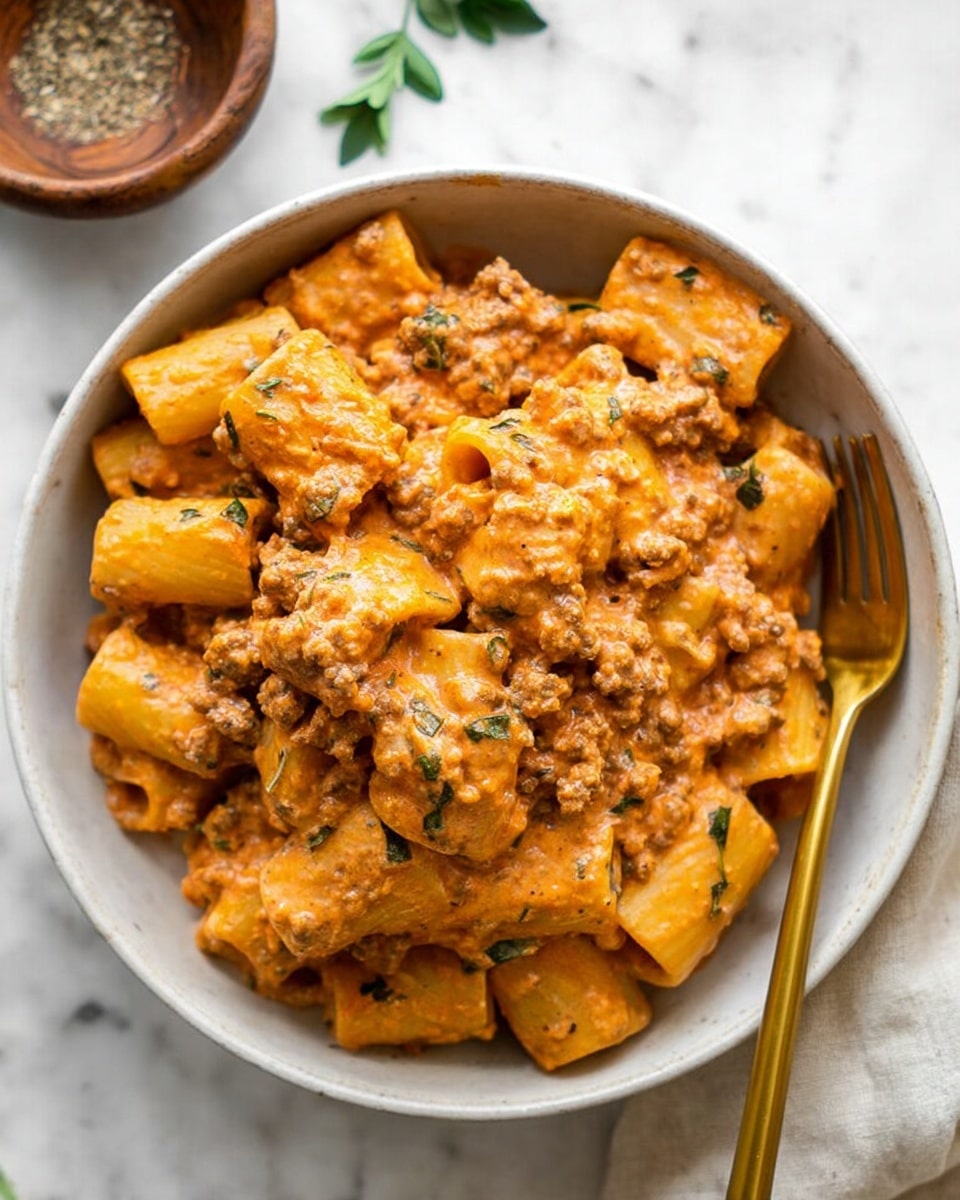 A round white bowl holds rigatoni pasta covered in a thick, creamy orange sauce mixed with bits of ground meat and small green herb pieces scattered throughout. The rigatoni are tubular and ridged, coated evenly with the sauce, giving a rich and textured look. A gold fork is partially stuck into the pasta on the right side of the bowl. The bowl rests on a white marbled surface with a small wooden bowl of ground pepper visible in the top part of the image. A few flat green herb leaves are slightly out of focus near the top left corner. The overall image is bright, with a close-up view showing the creamy texture and hearty mix of the pasta dish photo taken with an iphone --ar 4:5 --v 7