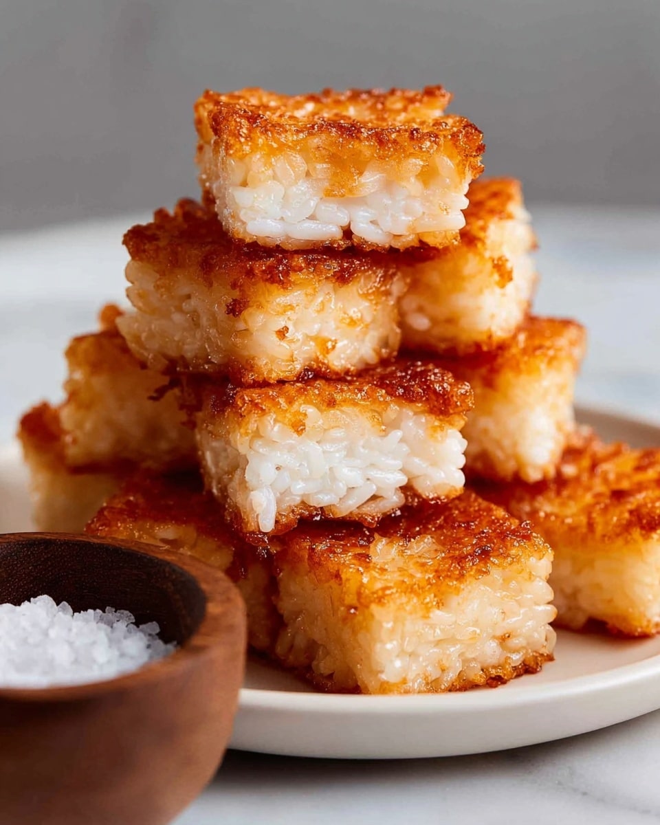 A stack of seven golden brown crispy rice squares sits on a white plate with a soft white marbled background. Each rice square has two visible layers: a thick, crispy golden-brown outer layer and a soft white rice inner layer. On top of the stack, two smaller squares are positioned to show the soft white rice filling inside. Behind the stack, a small wooden bowl filled with coarse salt is partially visible. The surface under the plate is smooth and white with subtle marble patterns. photo taken with an iphone --ar 4:5 --v 7