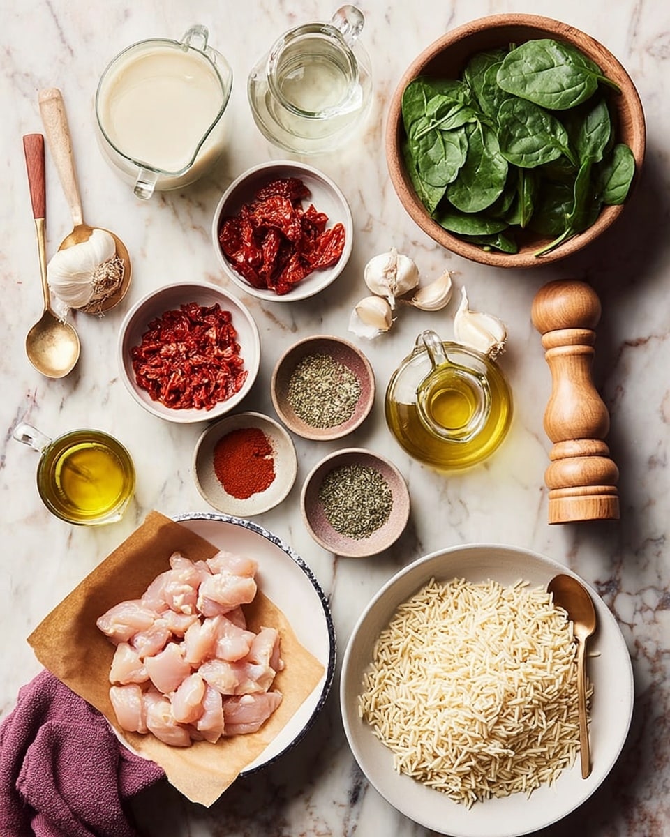 The image shows different cooking ingredients arranged neatly on a white marbled surface. In the center, there is a bowl with small pieces of raw chicken on brown parchment paper. To the right of the chicken, a white bowl holds several garlic cloves, and below it is a green bowl filled with uncooked orzo pasta. Above the chicken, a wooden bowl is filled with fresh spinach leaves. Next to it are three small bowls with different spices: red paprika, mixed black pepper, and dried herbs. To the left of the spices, a glass bowl contains sun-dried tomatoes with a small wooden spoon. Next to that, there is a small glass jug of olive oil with its cork beside it. Above the olive oil is a glass jug with a pale creamy liquid, and to its right, a tall wooden pepper grinder. On the lower left, there is a white pan with a wooden spoon and a folded purple cloth inside the pan. Next to the pan, a white plate holds a large heap of grated cheese with a gold-handled spoon on top. photo taken with an iphone --ar 4:5 --v 7