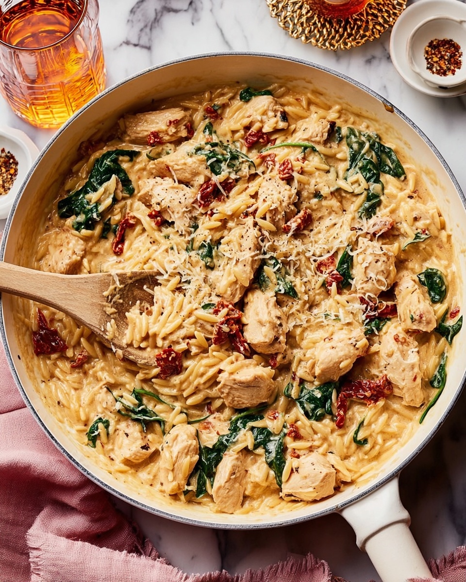One-Pan “Marry Me” Chicken Orzo Recipe 6 A white pan filled with creamy orzo pasta mixed with light tan chunks of cooked chicken, dark green wilted spinach leaves, and pieces of red sun-dried tomatoes, all coated in a thick, creamy sauce that has a slightly speckled texture from seasoning and grated cheese sprinkled on top. A wooden spoon rests inside the pan, scooping up some of the pasta and chicken. The pan sits on a white marbled surface with a glass of amber liquid and small dishes of seasoning in the background. A pink cloth is partly visible under the pan. Photo taken with an iphone --ar 4:5 --v 7