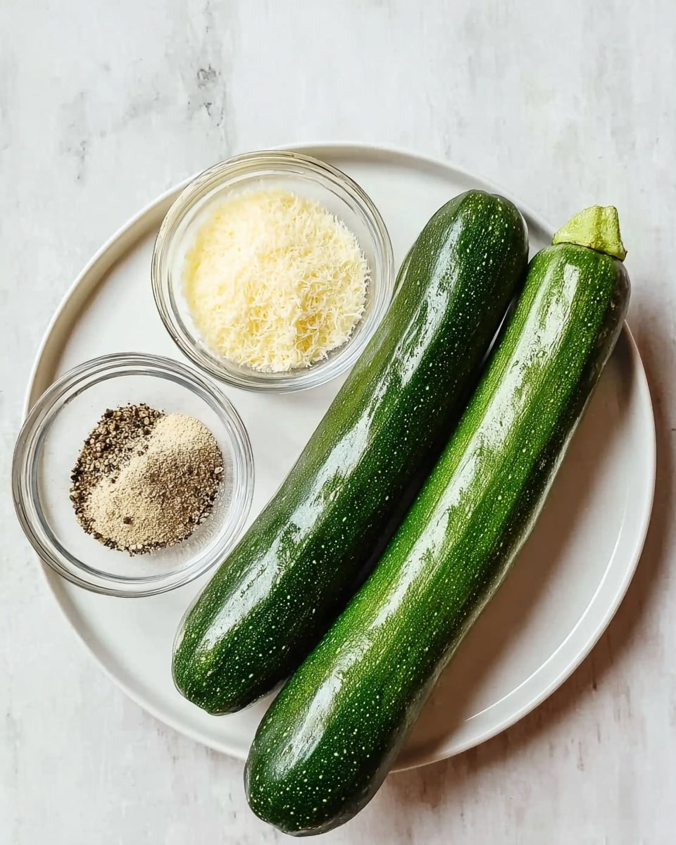 A white plate with two whole green zucchinis placed side by side on the right half of the plate. On the left side, there are two small clear glass bowls: one filled with light yellow grated Parmesan cheese and the other filled with a mix of black pepper and salt. The plate sits on a white marbled surface photo taken with an iphone --ar 4:5 --v 7