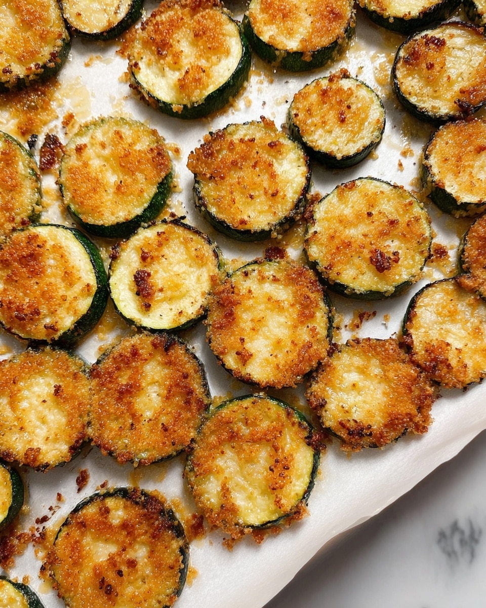 The image shows many round zucchini slices baked with a crispy golden-brown top layer of cheese or breadcrumbs. Each slice has a green outer skin and a golden, crunchy texture in the middle, with some small browned spots. The slices are spread in a single layer on a white baking tray that sits on a white marbled surface. The overall look is warm and inviting, highlighting the crispy texture of the zucchini pieces. photo taken with an iphone --ar 4:5 --v 7