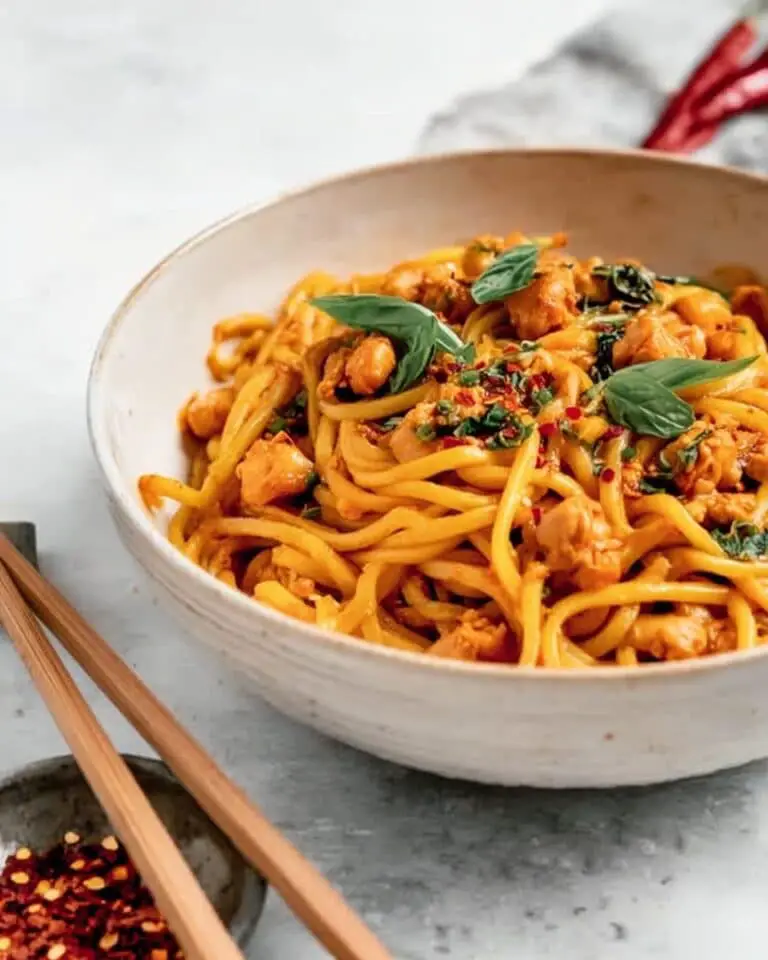Sweet & Spicy Hot Chili Chicken Noodles with Basil Recipe