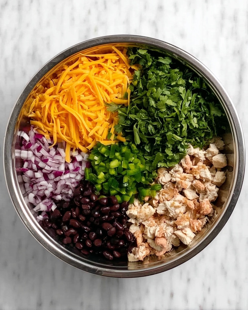 A round metal bowl is filled with five separate layers of ingredients. Starting from the top and moving clockwise, there is a bright orange layer of shredded cheddar cheese with a soft, silky texture. Next to it is a fresh, leafy green layer of chopped cilantro with a slightly coarse texture. Below that, there is a layer of small, beige pieces of cooked chicken with a tender, firm look. Moving left, there is a portion of finely chopped red onion, showing a mix of white and purple colors with a crisp texture. Finally, the last layer is black beans, shiny and smooth, forming a dense cluster. In the very center of the bowl, a small amount of chopped green bell pepper adds a pop of darker green color. The bowl rests on a white marbled surface, photo taken with an iphone --ar 4:5 --v 7