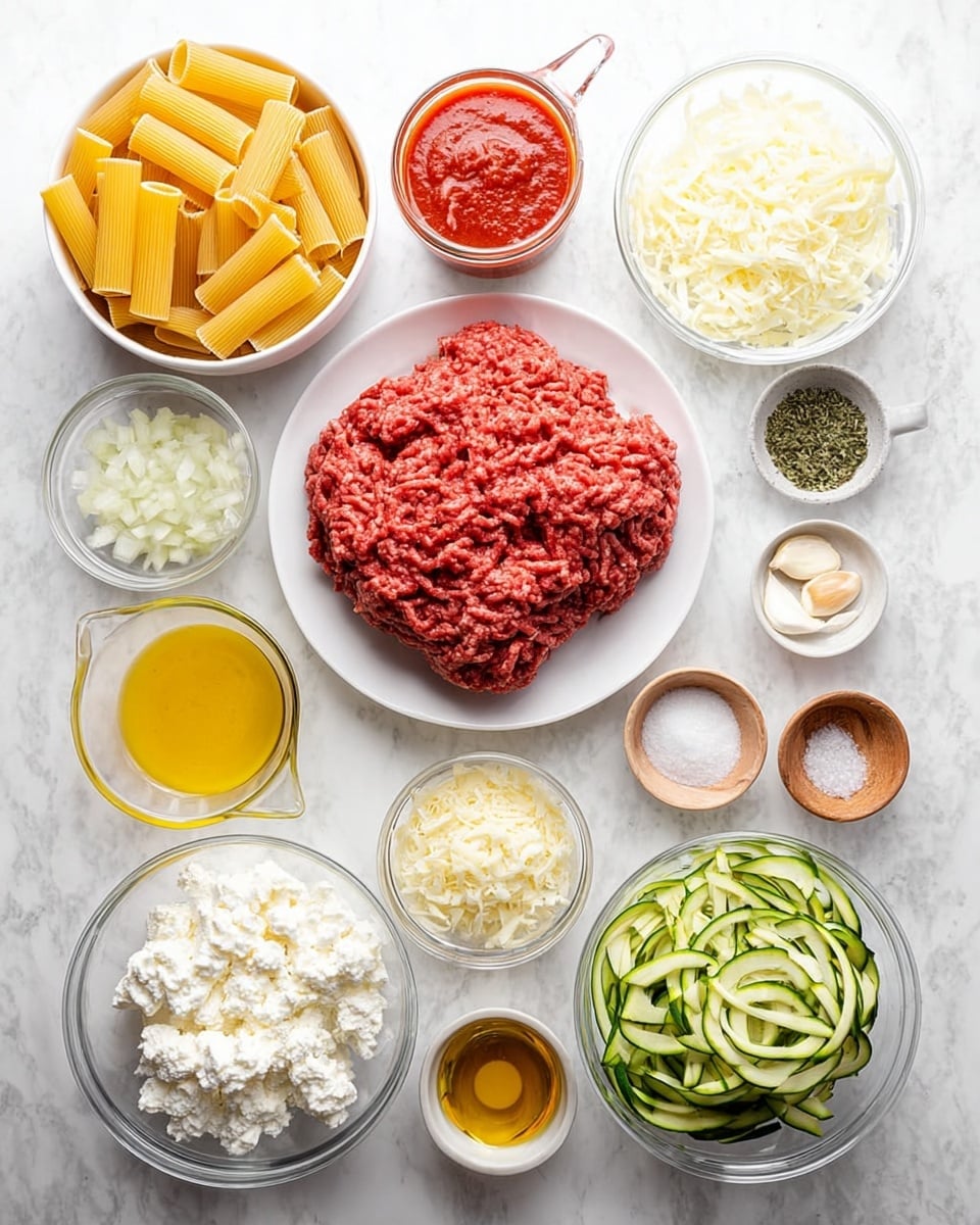 A top-down view of various ingredients placed separately on a white marbled surface, each in a round clear or white dish. In the center, a white plate holds a large portion of raw ground meat, red with texture. Surrounding it are individual bowls: rigatoni pasta pieces in a white bowl on the left, shredded green zucchini in a clear bowl below the meat, and cottage cheese in a clear bowl at the bottom left. There is a measuring cup of red tomato sauce at the top left. Smaller bowls contain finely chopped white onions, shredded mozzarella cheese, minced garlic on a small white plate, dried herbs in a small wooden bowl, olive oil in a clear glass cup, beaten eggs in a clear bowl, and a small wooden bowl of salt. The setup shows organized, fresh ingredients ready for cooking. Photo taken with an iphone --ar 4:5 --v 7